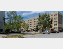 Wohnsiedlung mit einem vierstöckigen, beige-gelben Mehrfamilienhaus im Plattenbaustil, umgeben von Bäumen, geparkten Autos und einer gepflasterten Zufahrtsstraße. Im Vordergrund ein Verkehrszeichen mit Pfeil und ein kleiner runder Grünstreifen.