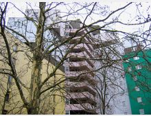 Wohngebäude in einer urbanen Umgebung mit gelber, grüner und rosafarbener Fassade, teils verdeckt von einem großen Baum mit kahlen Ästen. Der Himmel ist grau und bewölkt, was auf eine winterliche oder späte Herbstszene hindeutet.
