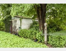 Ein Garten mit dichtem grünen Gestrüpp und einem großen Baum im Vordergrund. Im Hintergrund ein kleines, verwittertes Gartenhaus, daneben Gartengeräte und eine Steinsäule mit einer Büste darauf.