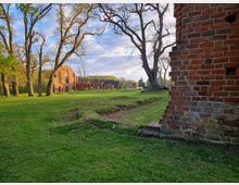 Weitläufige grüne Wiese mit alten Backsteinruinen im Hintergrund, darunter Bögen und Überreste einer großen Mauer, umgeben von hohen Laubbäumen. Rechts im Vordergrund ist ein Teil einer roten Backsteinmauer zu sehen.