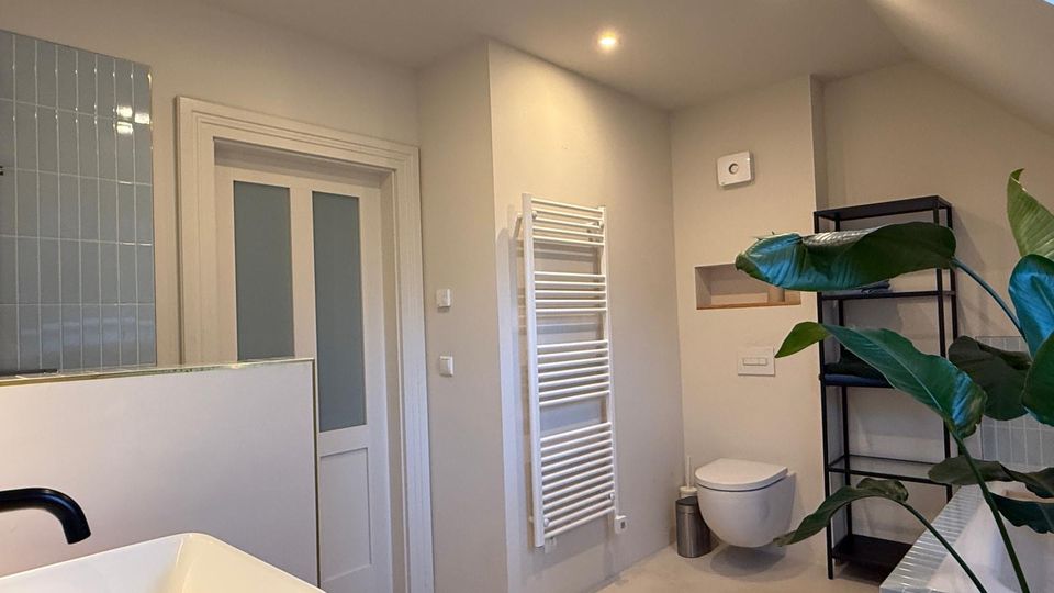 Modernes Badezimmer mit hellen Wänden, einer freistehenden weißen Waschbeckenarmatur, einem Wand-WC, einem Handtuchheizkörper und einer schwarzen Regalablage. Links ist eine teilweise geflieste Duschwand mit blauen Kacheln sichtbar, während im Vordergrund eine große grüne Zimmerpflanze steht.