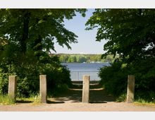 Blick durch einen von Bäumen umrahmten Weg auf einen See mit leicht bewaldetem Ufer im Hintergrund. Im Vordergrund stehen mehrere Betonpfosten, und am Ende des Weges ist ein Metallgeländer sichtbar.