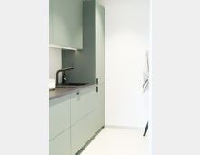 Moderne Küchenecke mit matten, grün-grauen Schränken und schwarzen Griffen. Eine schwarze Spüle mit passender Armatur ist in eine dunkle Arbeitsplatte integriert, daneben eine weiße, schlicht gestaltete Wand.