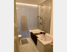 Modernes Badezimmer mit einer Badewanne, die in Mosaikfliesen verkleidet ist, und einer an der Wand montierten Dusche. Im Hintergrund sind Milchglas-Schiebetüren und ein gefliestes Bodendesign zu sehen, mit einem grauen Badteppich und einem WC links.