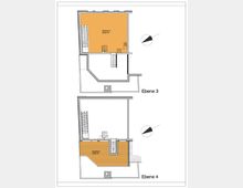Architektonischer Grundriss von zwei Ebenen eines Gebäudes. Ebene 3 zeigt einen Wohnraum („Wohnen 2“, 40,05 m²) mit Treppenaufgang, und Ebene 4 eine angrenzende Terrasse („Terrasse 2“, 13,20 m²) sowie den Treppenbereich, dargestellt mit Maßangaben und einer Orientierungshilfe (Himmelsrichtung).
