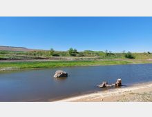 Flacher Flusslauf mit sandigem Ufer, einem großen Felsen im Wasser und zwei Baumstümpfen am Rand. Im Hintergrund eine grasbewachsene Böschung und ein klarer, blauer Himmel.