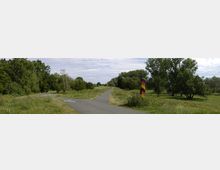 Eine ländliche Landschaft mit einem geteerten Weg, der durch eine grüne Wiese mit Bäumen führt. Auf der rechten Seite steht ein schwarz-rot-goldener Grenzpfosten, und im Hintergrund sind weitere Bäume und ein bewölkter Himmel sichtbar.