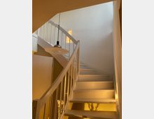 Eine weiße, halbgewendelte Treppe mit filigranem Geländer führt in einem Innenraum nach oben. Warmes Licht und der Schatten einer Pflanze fallen auf die Wände, die hell gestrichen sind.