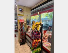 Ein Kiosk- oder Lottogeschäft mit einem Verkaufsbereich, der Zeitschriften, Zeitungen, Snacks (wie Chips) und kleine Waren wie Batterien ausstellt. Durch ein großes Schaufenster mit rotem Markisendach ist die Straße und grüne Bäume draußen sichtbar.