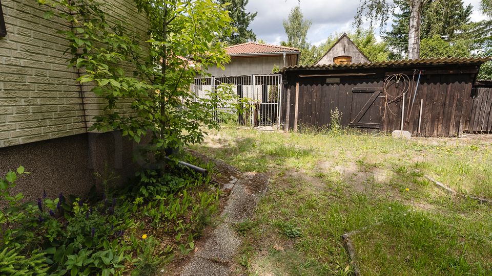 Hinterhof mit unebenem Gras- und Pflasterboden neben einer hellen Hauswand, teilweise von Sträuchern und Bäumen bewachsen. Im Hintergrund stehen ein graues Nebengebäude mit rotem Ziegeldach, ein Metallgittertor sowie eine dunkle Holzschuppenreihe mit Wellblechdach und angelehnten Gartengeräten.