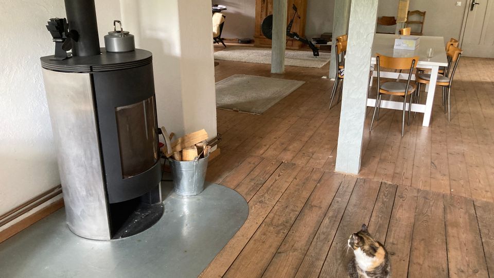 Ein Wohnraum mit Holzboden und einem schwarzen Kaminofen auf einer Metallplatte. Im Hintergrund ein Esstisch mit Holzstühlen, eine Holzsäule, und ein Bereich mit Teppich sowie Möbelstücken aus Holz.