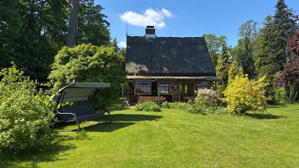 Holzhaus mit steilem Reetdach und verglaster Veranda in einem großen, gepflegten Garten mit Rasenfläche, Sträuchern und hohen Bäumen. Im Vordergrund steht eine überdachte Gartenschaukel vor dichter Bepflanzung unter blauem Himmel.