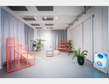 Heller, moderner Studio- oder Galerieraum mit grauem Boden, weißen Wänden und Akustikpaneelen sowie Schienenleuchten an der Decke. Im Raum stehen orangefarbene Gitterregale, mehrere Topfpflanzen und zwei runde Sitzhocker auf einem Teppich; an der Wand lehnt ein beleuchtetes Kunstbild.