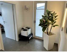 Heller Innenraum mit grau gefliestem Boden, einem Drucker auf einem kleinen schwarzen Tisch, einer großen Zierpflanze in einem weißen Pflanzkübel und einer Glastür mit heruntergelassenem Plissee. Türen und Wände sind weiß, eine Wandlampe beleuchtet den Raum.