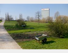 Ein gepflegter Park mit einem gepflasterten Weg, Rasenflächen und Beeten, in denen Frühblumen sprießen. Im Hintergrund steht ein mehrstöckiges Hotelgebäude, und vereinzelt sind Bäume ohne Laub zu sehen; im Vordergrund liegt eine Schubkarre mit Gartenwerkzeug.