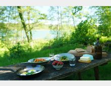 Ein rustikaler Holztisch in einer grünen Waldlichtung mit Blick auf einen See, gedeckt mit Speisen wie gebratenen Eiern, Salat, Erdbeeren, Brot und Butter sowie einer Glasflasche und Gläsern mit Wasser. Im Hintergrund sind hohe Bäume und der See sichtbar.