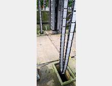 Ein technisches Außengebäude mit Betonboden zeigt vertikale Maschinen- oder Kettenstrukturen, die in schmale Schächte führen. Im Hintergrund sind moosbewachsene Betonwände und teilweise grüne Vegetation sichtbar.