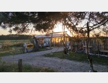 Ein ländlicher Hof mit einem Glashaus im Zentrum, umgeben von Holz- und Naturmaterialien. Im Vordergrund ein sandiger Weg, Bäume und ein Zaun aus Ästen, während die Abendsonne im Hintergrund die Szene beleuchtet.