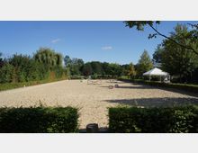 Sandiger Reitplatz mit aufgebauten Hindernissen für den Springreitunterricht, umgeben von Hecken, Bäumen und einem weißen Pavillon am rechten Rand. Im Hintergrund befindet sich ein Waldgebiet unter klarem Himmel.