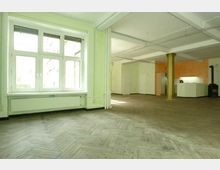 Großer, leerer Raum mit hellgrünen Wänden, Holzboden im Fischgrätenmuster und großen Fenstern, die Tageslicht hereinlassen. Im Hintergrund sind eine offene Küche, ein Säulenpfeiler und ein Kaminofen sichtbar.