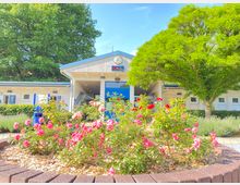 Ein einstöckiges Gebäude mit blau-weißen Türen und Fenstern, flankiert von grünen Bäumen. Im Vordergrund ein Blumenbeet mit blühenden pinken und roten Rosen, umgeben von einer niedrigen Steinbegrenzung.