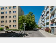 Wohngebiet mit mehrstöckigen Wohnhäusern; links ein beige verputztes Gebäude mit kleinen Fenstern, rechts ein modernes Haus mit verglasten Balkonen, vielen Pflanzen und Blumendekorationen. Dazwischen eine schmale Straße mit Gehweg, einem Baum in der Mitte und abgestellten Fahrrädern.