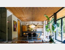 Modernes Wohnzimmer mit offener Küche, geprägt von einer Decke aus Holzlamellen und großen Glasfenstern, die viel Tageslicht hereinlassen. Im Raum befinden sich ein Esstisch mit Stühlen, eine Küchenzeile, große Zimmerpflanzen sowie dekorative Regale an einer Betonwand.