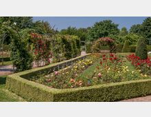 Ein gepflegter Rosengarten mit Blumenbeeten in rechteckigen Hecken eingefasst, farbigen Rosen und blühenden Bögen aus Metall, umrankt von Kletterrosen. Im Hintergrund stehen Bäume und Büsche im Grünen.