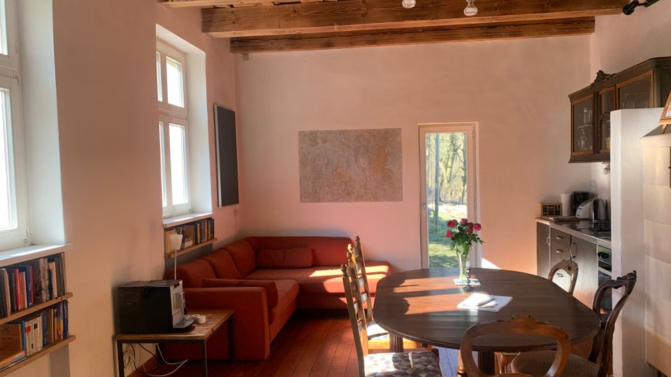 Heller Wohn- und Essbereich mit sichtbaren Holzbalken an der Decke, Holzboden und großen Fenstern entlang der linken Wand. Im Raum stehen ein ovaler Esstisch mit Stühlen, ein rotes Ecksofa und rechts eine kompakte Küchenzeile; hinten führt eine Glastür nach draußen.