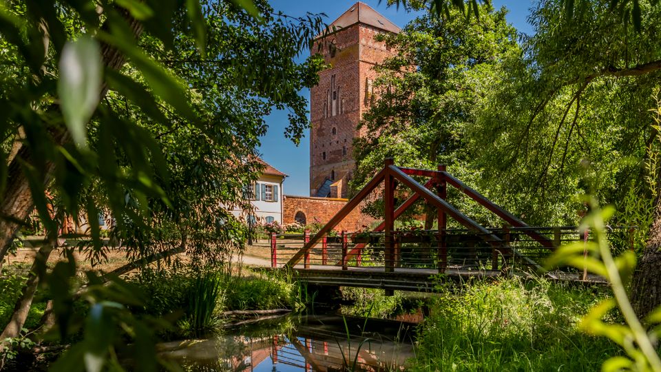 Blick durch dichte Uferbepflanzung auf einen kleinen Bach mit einer roten Stahl-Fußgängerbrücke. Im Hintergrund steht ein hoher Backstein-Burgturm mit angrenzenden Gebäuden, umgeben von Bäumen unter blauem Himmel.
