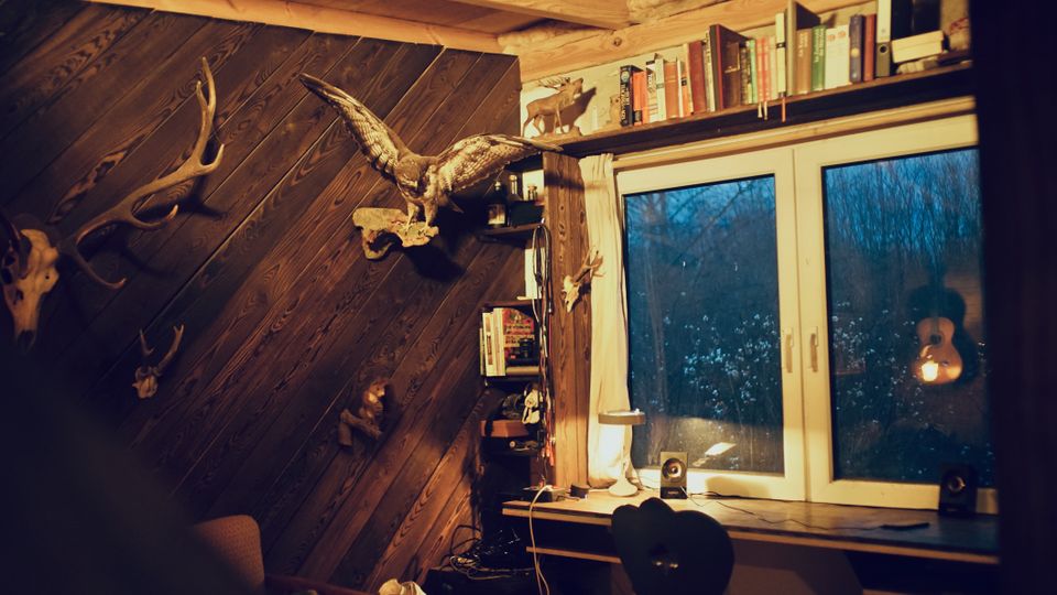 Gemütlicher Dachraum mit schräger Holzvertäfelung, dekoriert mit Geweihen und einem ausgestopften Greifvogel an der Wand. Neben einem großen Fenster mit Blick auf Bäume stehen ein Schreibtisch mit Lampe und kleinen Lautsprechern sowie Regale mit Büchern und Ordnern.