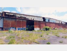 Verlassene Industriehalle mit rostiger Metallfassade, teils eingestürztem Dach und zerschlagenen Fenstern. Die Außenwände sind mit Graffiti bedeckt, und die Umgebung ist von überwuchernder Vegetation geprägt.