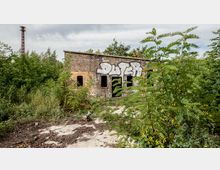 Verlassenes Backsteingebäude inmitten von dichter Vegetation, mit mehreren fensterlosen Öffnungen und einer großen Graffiti-Bemalung an der Fassade; im Hintergrund ragt ein schmaler Metallmast in den Himmel.