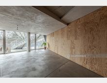 Minimalistischer Innenraum mit Betonboden, einer Wand aus hellen Holzpaneelen und großen Glasfenstern, die einen Blick auf eine Außentreppe und kahle Bäume bieten. Im Raum steht eine einzelne Topfpflanze in der Nähe der Fenster.