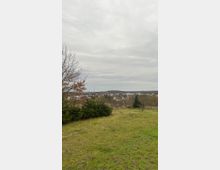 Weite Wiese mit einzelnen Bäumen und Sträuchern im Vordergrund, im Hintergrund eine Ansammlung von Häusern und eine leicht erhöhte Landschaft mit bewölktem Himmel.