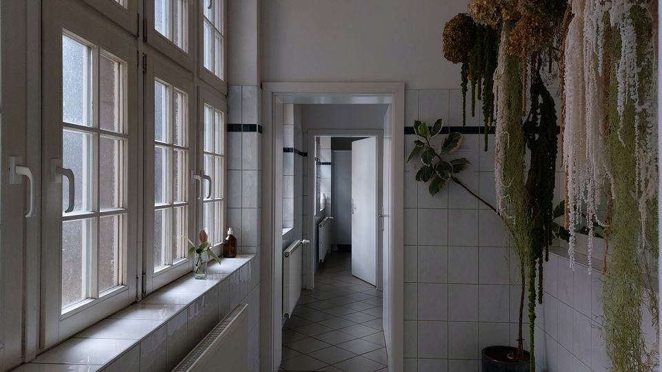 Helle Innenaufnahme eines gefliesten Flures mit weißen Wänden und großen Fenstern auf der linken Seite. Rechts hängen Pflanzen von der Decke, während eine Tür am Ende des Flures in einen weiteren Raum führt.