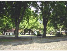 Gepflasterter Platz mit Bänken, umgeben von großen Bäumen und grüner Vegetation; im Hintergrund stehen weiße, flache Gebäude mit roten Ziegeldächern.