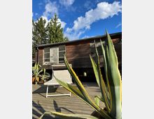 Ein Holzhaus mit großen Fenstern steht auf einer Terrasse aus Holzplanken. Im Vordergrund sind eine Sonnenliege und mehrere große Topfpflanzen, darunter eine Agave, zu sehen. Der Hintergrund zeigt grüne Bäume und einen blauen Himmel mit weißen Wolken.