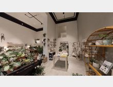 Ein moderner Ladenraum mit hohen, weißen Wänden und schwarzem Deckendetail, ausgestattet mit Regalen, die eine Vielzahl von Pflanzen, Keramiken und dekorativen Objekten präsentieren. Im Vordergrund und in der Mitte stehen Holztische mit Büchern und Pflanzen, ergänzt durch weitere Regale an den Seiten und eine offene, luftige Atmosphäre.