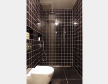 Ein modernes Badezimmer mit schwarzen Fliesen an Wänden und Boden. Zu sehen sind eine offene Regendusche mit herabhängender Brause und ein wandmontiertes WC.