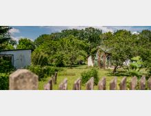 Ein ländlicher Garten mit dichtem Grün, mehreren Obstbäumen und einer kleinen, teilweise mit Efeu bewachsenen Hütte; im Vordergrund ist ein Holzzaun und im Hintergrund dichter Wald sichtbar.