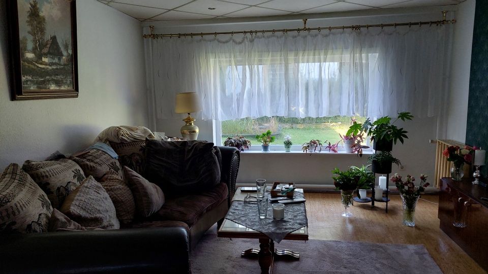 Gemütliches Wohnzimmer mit großem Fenster und weißen Gardinen, davor mehrere Zimmerpflanzen auf der Fensterbank und daneben. Links steht ein gepolstertes Sofa mit Kissen und ein Couchtisch auf Teppich, rechts eine Kommode; der Raum hat Holzfußboden und eine Decke mit Rasterplatten.