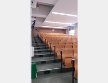 Ein Hörsaal mit ansteigenden Sitzreihen aus Holz, grünen Bodenstufen und Deckenleuchten. Im Hintergrund befindet sich eine Uhr an einer hellen Wand oberhalb einer geschlossenen Tür.