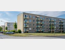 Mehrstöckiges Wohngebäude aus Plattenbau mit hellem Putz und mehreren Balkonen, umgeben von einer Rasenfläche und jungen Bäumen. Im Vordergrund ist eine gepflasterte Straße mit parkenden Autos zu sehen.