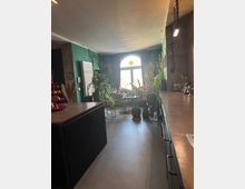 Ein moderner Wohnraum mit einem langen, dunklen Küchenschrank auf der rechten Seite und einem großen Fenster mit halbrundem Oberlicht im Hintergrund. Der Raum ist mit vielen Pflanzen dekoriert, und das natürliche Licht fällt durch das dekorative Fenster.