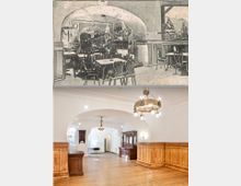 Zweiteiliges Bild eines Gastraum-Interieurs: oben ein historisches Schwarzweißfoto mit Tischen und Stühlen unter einem großen Rundbogen, unten derselbe Raum renoviert mit weiß verputzten Bögen, Holzvertäfelung, Holzboden und Kronleuchtern. Im Hintergrund sind weitere Durchgänge und ein großer Holzschrank zu sehen.