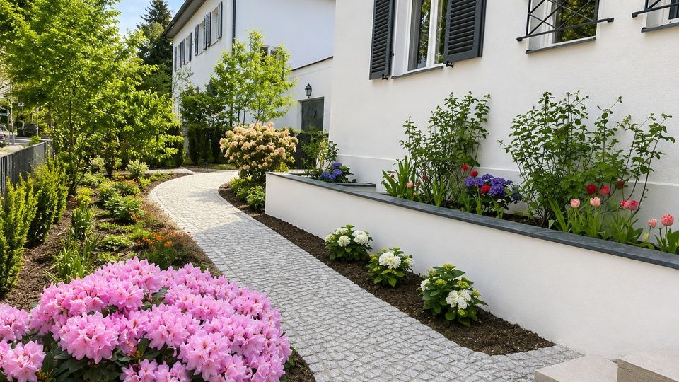 Geschwungener Kopfsteinpflasterweg durch einen gepflegten Vorgarten mit Blumenbeeten und Sträuchern neben einem weißen Wohnhaus mit schwarzen Fensterläden und Fenstergittern. Im Hintergrund stehen weitere helle Häuser mit Satteldach, umgeben von Bäumen.