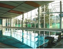 Hallenbad mit großen Glasfenstern, die Tageslicht hereinlassen und einen Blick ins Freie auf Bäume und Gebäude ermöglichen. Im Vordergrund befinden sich Startblöcke am Rand eines Schwimmbeckens, das das Licht reflektiert.