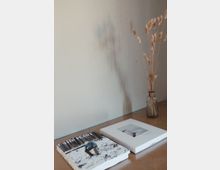 Ein schlichter Tisch mit zwei Fotobüchern und einer kleinen Glasvase mit getrockneten Gräsern darauf, vor einer beigen Wand. Die Vase wirft einen leichten Schatten an die Wand.