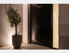 Moderner Hauseingang mit großer dunkler Glasfront und seitlicher Öffnung zu einem hell beleuchteten Innenraum. Vor der Wand steht ein großer Pflanzkübel mit einem kleinen Baum, der von Bodenleuchten angestrahlt wird.